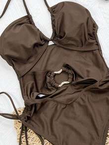 SHEIN Swim 亮面深棕色材质抽绳吊带打结镂空环配饰性感露背连体泳衣女 - 棕色 - 查看 4