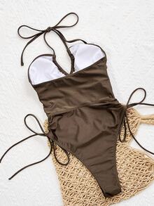 SHEIN Swim 亮面深棕色材质抽绳吊带打结镂空环配饰性感露背连体泳衣女 - 棕色 - 查看 2