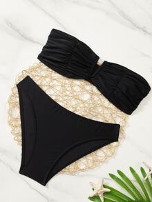 Swim Basics Women's Summer Beach Solid Color Pleated Strapless Sexy Bikini Set - Black - View 4