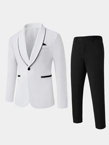 Manfinity Mode 男士白色修身黑色滾邊大翻領西裝外套與長褲套裝，正式，老錢風 - 白色 - 查看 3