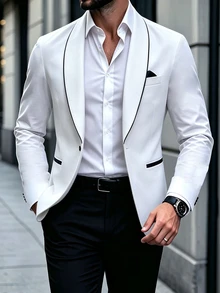 Manfinity Mode 男士白色修身黑色滾邊大翻領西裝外套與長褲套裝，正式，老錢風 - 白色 - 查看 5