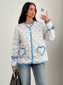 Pariaura Women's Quilted Autumn Coat – Pink And White Patterned Loose Fit Jacket, Long Sleeve Lightweight Puffer, Boho Elegant Romantic Goth Date - Multicolor - View 4