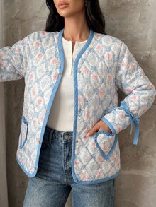 Pariaura Women's Quilted Autumn Coat – Pink And White Patterned Loose Fit Jacket, Long Sleeve Lightweight Puffer, Boho Elegant Romantic Goth Date - Multicolor - View 6