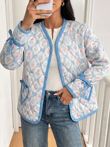 Pariaura Women's Quilted Autumn Coat – Pink And White Patterned Loose Fit Jacket, Long Sleeve Lightweight Puffer, Boho Elegant Romantic Goth Date - Multicolor - View 3