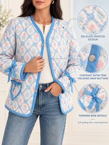 Pariaura Women's Quilted Autumn Coat – Pink And White Patterned Loose Fit Jacket, Long Sleeve Lightweight Puffer, Boho Elegant Romantic Goth Date - Multicolor - View 2