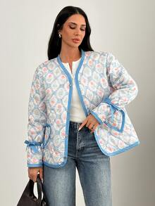 Pariaura Women's Quilted Autumn Coat – Pink And White Patterned Loose Fit Jacket, Long Sleeve Lightweight Puffer, Boho Elegant Romantic Goth Date - Multicolor - View 5