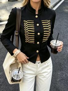 Women's Autumn/Winter New Black Stand Collar Gold Thread Embroidered Decor Short Court Style Napoleon Jacket, Symmetrical Exquisite Gold Thread Rope Embroidery Pattern On Chest With Vintage Court Style, Short Cut Optimized Body Proportion, Easily Create Fashionable Outfit Look, Napoleon Jacket - Black - View 5