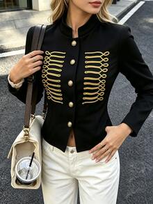 Women's Autumn/Winter New Black Stand Collar Gold Thread Embroidered Decor Short Court Style Napoleon Jacket, Symmetrical Exquisite Gold Thread Rope Embroidery Pattern On Chest With Vintage Court Style, Short Cut Optimized Body Proportion, Easily Create Fashionable Outfit Look, Napoleon Jacket - Black - View 7