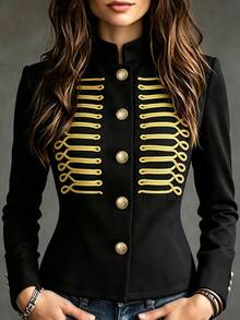 Women's Autumn/Winter New Black Stand Collar Gold Thread Embroidered Decor Short Court Style Napoleon Jacket, Symmetrical Exquisite Gold Thread Rope Embroidery Pattern On Chest With Vintage Court Style, Short Cut Optimized Body Proportion, Easily Create Fashionable Outfit Look, Napoleon Jacket - Black - View 1