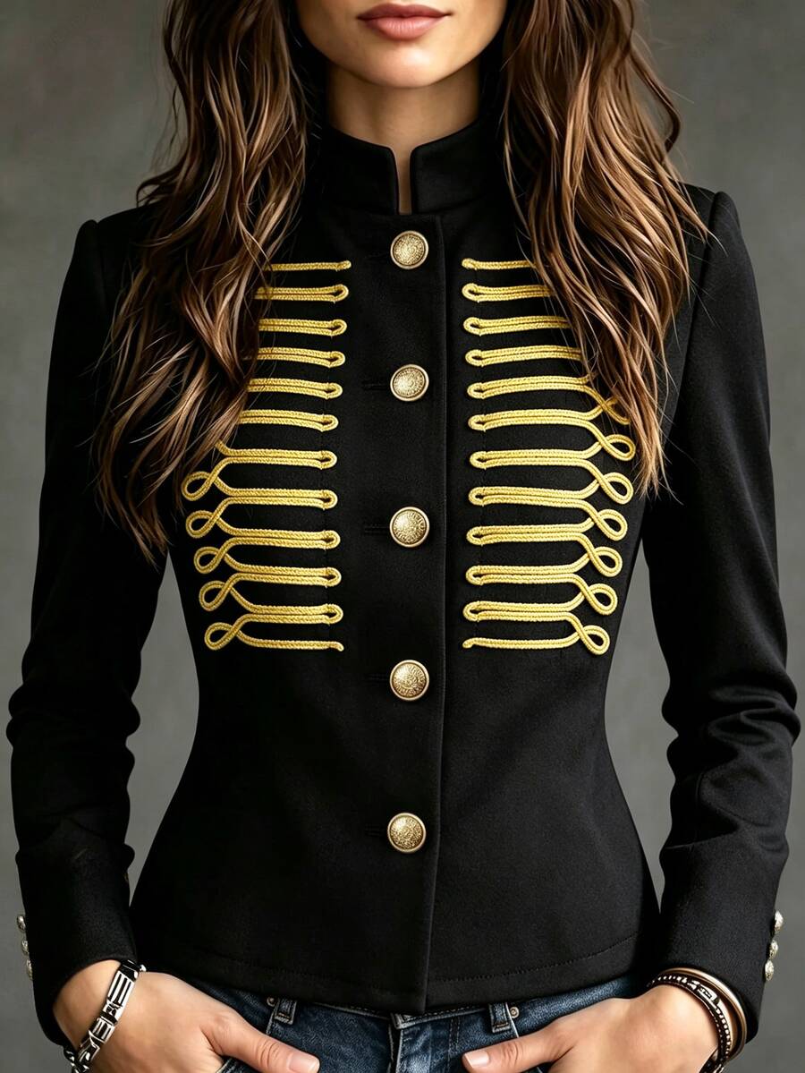 Women's Autumn/Winter New Black Stand Collar Gold Thread Embroidered Decor Short Court Style Napoleon Jacket, Symmetrical Exquisite Gold Thread Rope Embroidery Pattern On Chest With Vintage Court Style, Short Cut Optimized Body Proportion, Easily Create Fashionable Outfit Look, Napoleon Jacket - Black - View 1