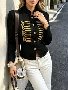Women's Autumn/Winter New Black Stand Collar Gold Thread Embroidered Decor Short Court Style Napoleon Jacket, Symmetrical Exquisite Gold Thread Rope Embroidery Pattern On Chest With Vintage Court Style, Short Cut Optimized Body Proportion, Easily Create Fashionable Outfit Look, Napoleon Jacket - Black - View 6