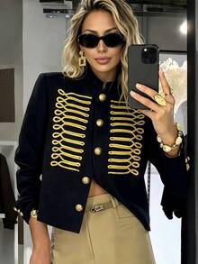 Women's Autumn/Winter New Black Stand Collar Gold Thread Embroidered Decor Short Court Style Napoleon Jacket, Symmetrical Exquisite Gold Thread Rope Embroidery Pattern On Chest With Vintage Court Style, Short Cut Optimized Body Proportion, Easily Create Fashionable Outfit Look, Napoleon Jacket - Black - View 3