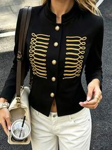 Women's Autumn/Winter New Black Stand Collar Gold Thread Embroidered Decor Short Court Style Napoleon Jacket, Symmetrical Exquisite Gold Thread Rope Embroidery Pattern On Chest With Vintage Court Style, Short Cut Optimized Body Proportion, Easily Create Fashionable Outfit Look, Napoleon Jacket - Black - View 4