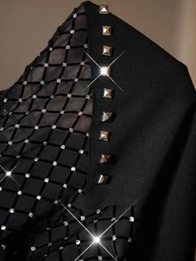 SHEIN Clasi Plus Size Women's Rhinestone Mesh Patchwork Casual Daily Wear Top Fall - Black - View 8