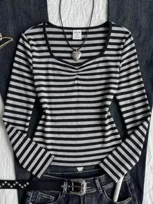 SHEIN 青少年女孩黑色與灰色條紋萬聖節長袖T恤 - 灰色 - 查看 3