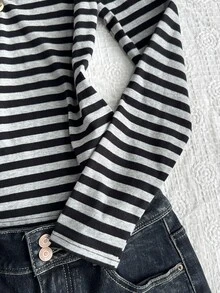 SHEIN 青少年女孩黑色與灰色條紋萬聖節長袖T恤 - 灰色 - 查看 7