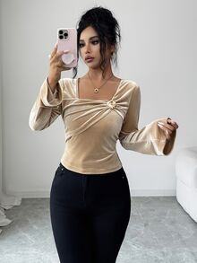 Omancia Women's Versatile Metal Decor Pleated Long Sleeve T-Shirt - Champagne - View 5