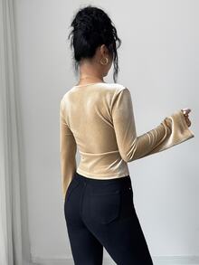 Omancia Women's Versatile Metal Decor Pleated Long Sleeve T-Shirt - Champagne - View 2