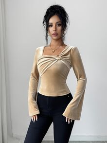 Omancia Women's Versatile Metal Decor Pleated Long Sleeve T-Shirt - Champagne - View 6