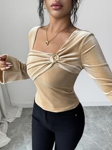 Omancia Women's Versatile Metal Decor Pleated Long Sleeve T-Shirt - Champagne - View 4