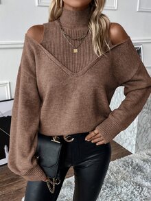 EMERY ROSE Women's Solid Color Off-Shoulder Long Sleeve Loose Fashion Sweater, Autumn/Winter - Brown - View 5