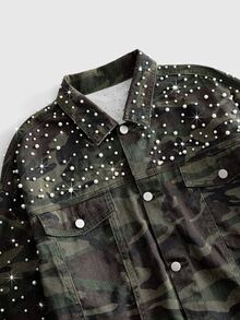 ROMWE MEN Street Life Men's Vintage Washed Camouflage Heavy Pearl & Rhinestone Embellished Lapel Long Sleeve Short Denim Jacket, Spring/Autumn Versatile Elastic Cuff Workwear Jacket, Casual Streetwear Party - Army Green - View 3