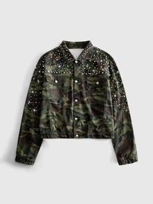 ROMWE MEN Street Life Men's Vintage Washed Camouflage Heavy Pearl & Rhinestone Embellished Lapel Long Sleeve Short Denim Jacket, Spring/Autumn Versatile Elastic Cuff Workwear Jacket, Casual Streetwear Party - Army Green - View 1