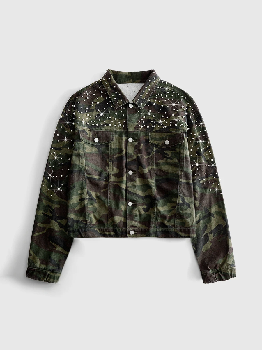 ROMWE MEN Street Life Men's Vintage Washed Camouflage Heavy Pearl & Rhinestone Embellished Lapel Long Sleeve Short Denim Jacket, Spring/Autumn Versatile Elastic Cuff Workwear Jacket, Casual Streetwear Party - Army Green - View 1