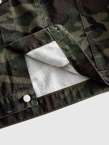 ROMWE MEN Street Life Men's Vintage Washed Camouflage Heavy Pearl & Rhinestone Embellished Lapel Long Sleeve Short Denim Jacket, Spring/Autumn Versatile Elastic Cuff Workwear Jacket, Casual Streetwear Party - Army Green - View 6