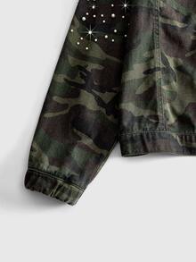 ROMWE MEN Street Life Men's Vintage Washed Camouflage Heavy Pearl & Rhinestone Embellished Lapel Long Sleeve Short Denim Jacket, Spring/Autumn Versatile Elastic Cuff Workwear Jacket, Casual Streetwear Party - Army Green - View 4