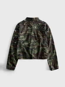 ROMWE MEN Street Life Men's Vintage Washed Camouflage Heavy Pearl & Rhinestone Embellished Lapel Long Sleeve Short Denim Jacket, Spring/Autumn Versatile Elastic Cuff Workwear Jacket, Casual Streetwear Party - Army Green - View 2