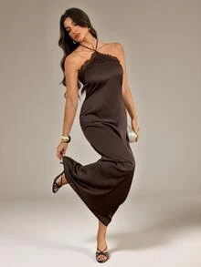 Women's Lace Patchwork Casual Party Halter Neck Dress - Coffee Brown - View 7