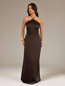 Women's Lace Patchwork Casual Party Halter Neck Dress - Coffee Brown - View 4