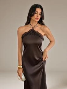 Women's Lace Patchwork Casual Party Halter Neck Dress - Coffee Brown - View 5