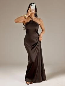 Women's Lace Patchwork Casual Party Halter Neck Dress - Coffee Brown - View 8
