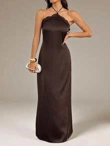 Women's Lace Patchwork Casual Party Halter Neck Dress - Coffee Brown - View 6