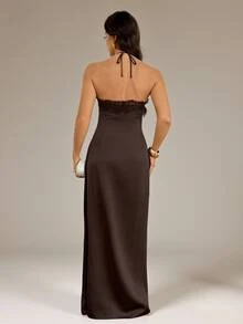 Women's Lace Patchwork Casual Party Halter Neck Dress - Coffee Brown - View 2