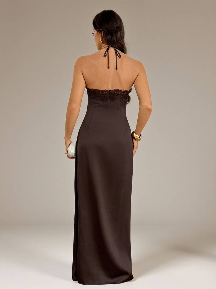 SHEIN Tall Gaun Pesta Kasual Wanita dengan Motif Renda dan Patchwork, Model Halter Neck - Coffee Brown - View 2