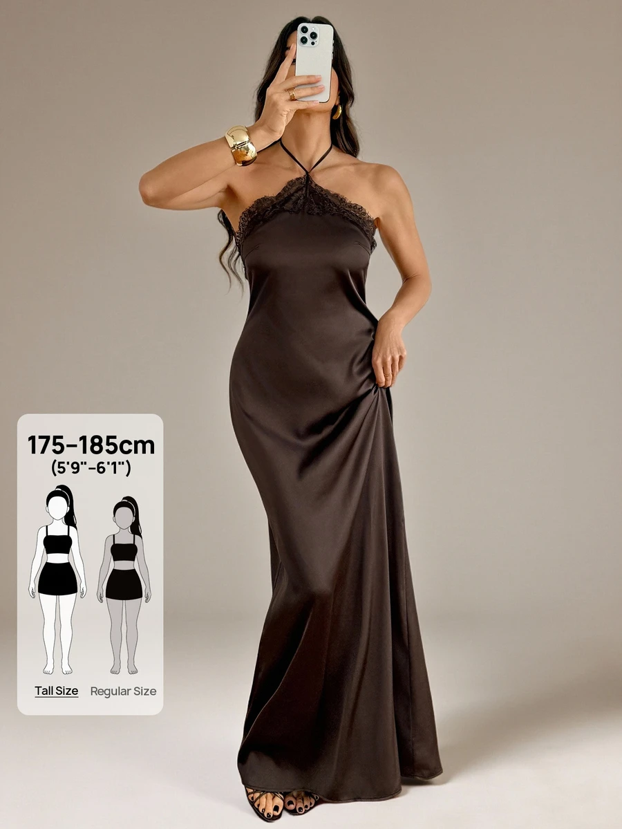 Women's Lace Patchwork Casual Party Halter Neck Dress - Coffee Brown - View 1