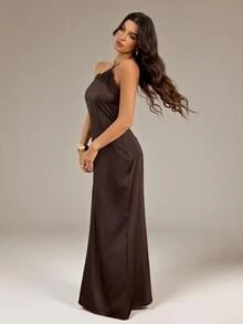 Women's Lace Patchwork Casual Party Halter Neck Dress - Coffee Brown - View 3