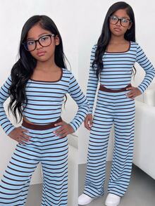 SHEIN Kids Tween Girls New Knit Blue & Brown Striped Camisole Long Sleeve Loose Pants Set - Blue - View 8