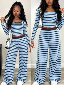 SHEIN Kids Tween Girls New Knit Blue & Brown Striped Camisole Long Sleeve Loose Pants Set - Blue - View 1
