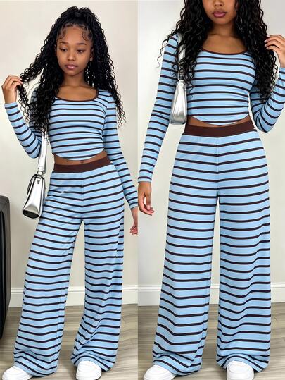 SHEIN Kids Tween Girls New Knit Blue & Brown Striped Camisole Long Sleeve Loose Pants Set