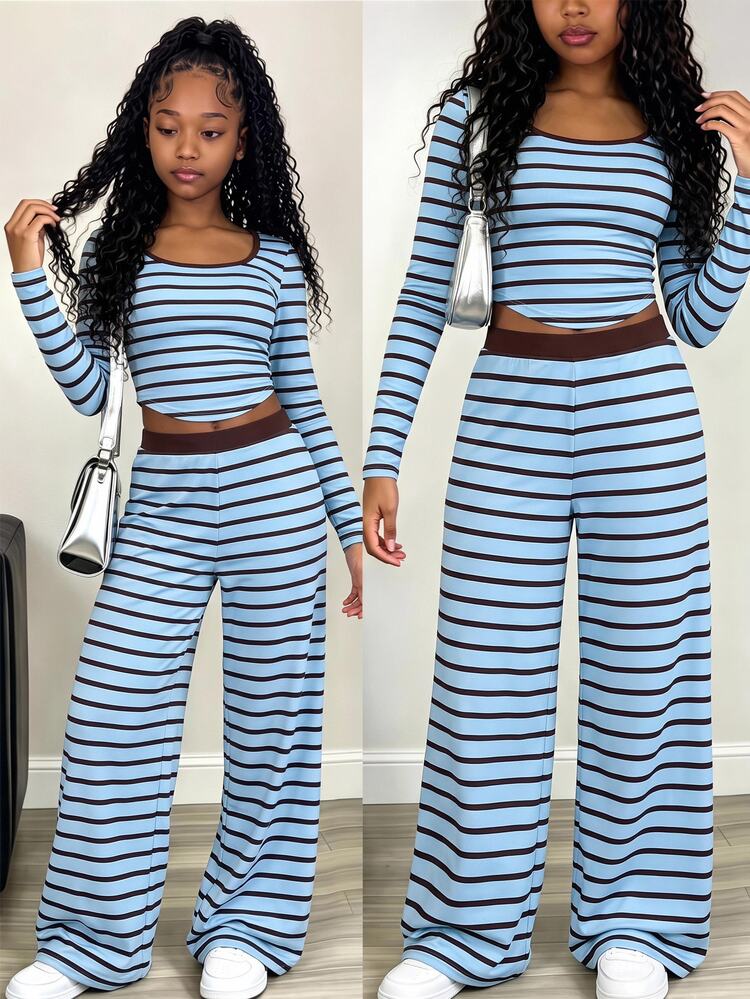 SHEIN Kids Tween Girls New Knit Blue & Brown Striped Camisole Long Sleeve Loose Pants Set - Blue - View 7