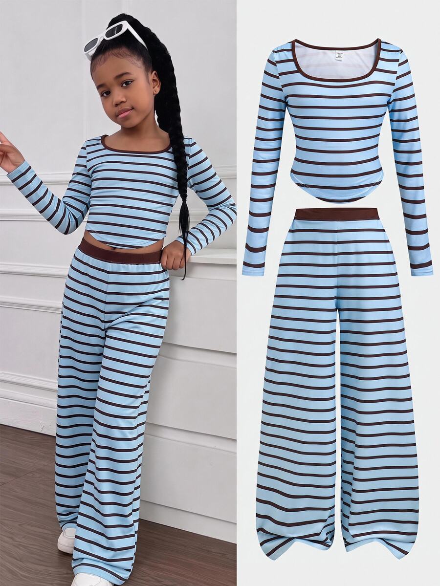 SHEIN Setelan Anak Perempuan Remaja Baru, Atasan Rajut Garis-garis Biru & Cokelat, Lengan Panjang, Celana Longgar - Biru - View 1