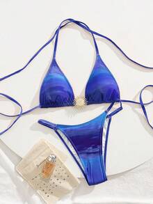 Swim Vcay 夏季女士渐变色海滩度假蓝色比基尼套装配金色配饰 - 藍色 - 查看 2