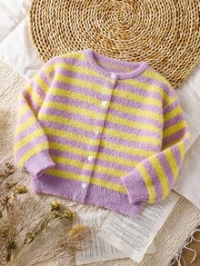 SHEIN Kids Young Girl Knit Contrast Color Striped Round Neck Casual Open Front Cardigan, Suitable For Autumn And Winter - Multicolor - View 2