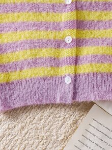 SHEIN Kids Young Girl Knit Contrast Color Striped Round Neck Casual Open Front Cardigan, Suitable For Autumn And Winter - Multicolor - View 5