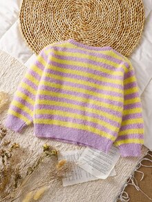 SHEIN Kids Young Girl Knit Contrast Color Striped Round Neck Casual Open Front Cardigan, Suitable For Autumn And Winter - Multicolor - View 4