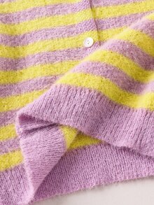SHEIN Kids Young Girl Knit Contrast Color Striped Round Neck Casual Open Front Cardigan, Suitable For Autumn And Winter - Multicolor - View 9